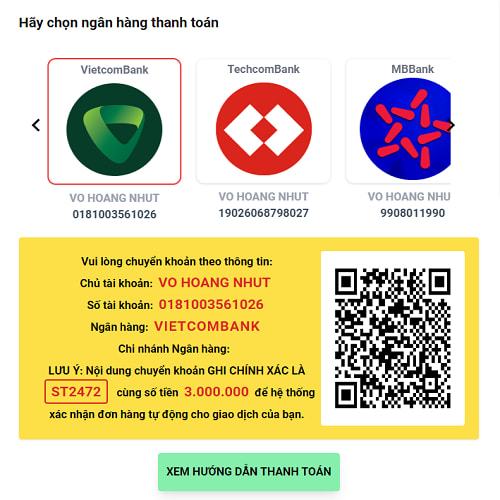 Thanh toán chuyển khoản 247 tại lamwebsieutoc